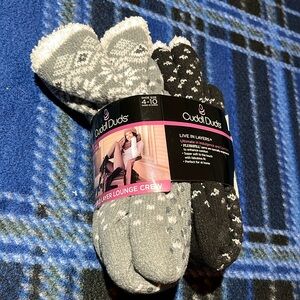 2-Pair NWT Cuddl Duds Double Layer Lounge Crew Socks - Sizes 4-10 - Black/Grey